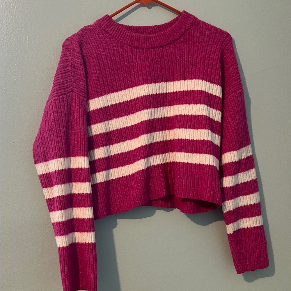 Striped Pink and White Women's Cropped Sweater